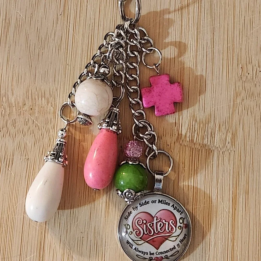 Hand Crafted Purse Charm Sisters Pendant Pink White Green Silver 5 1/4